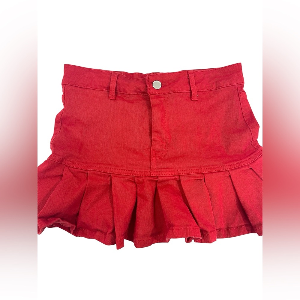 TIFFANY Low Rise Red Denim Stretch Pleated Micro Mini Skirt EU sz 40 Y2K bratz - Picture 2 of 8